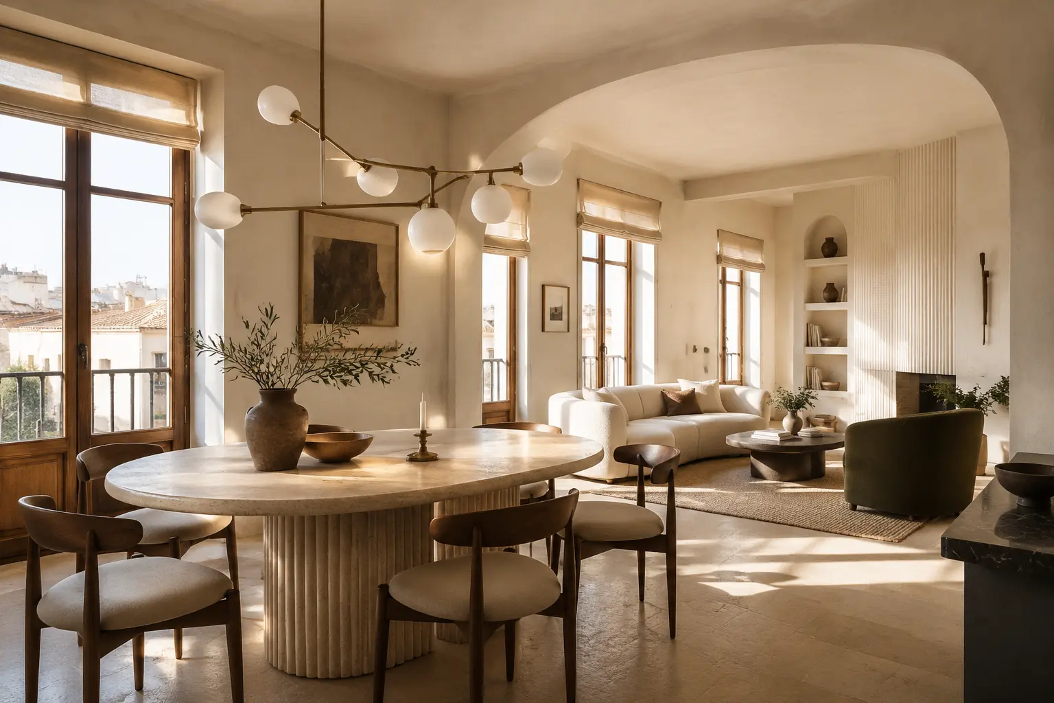 Comedor y salón cálido en un piso urbano ibérico