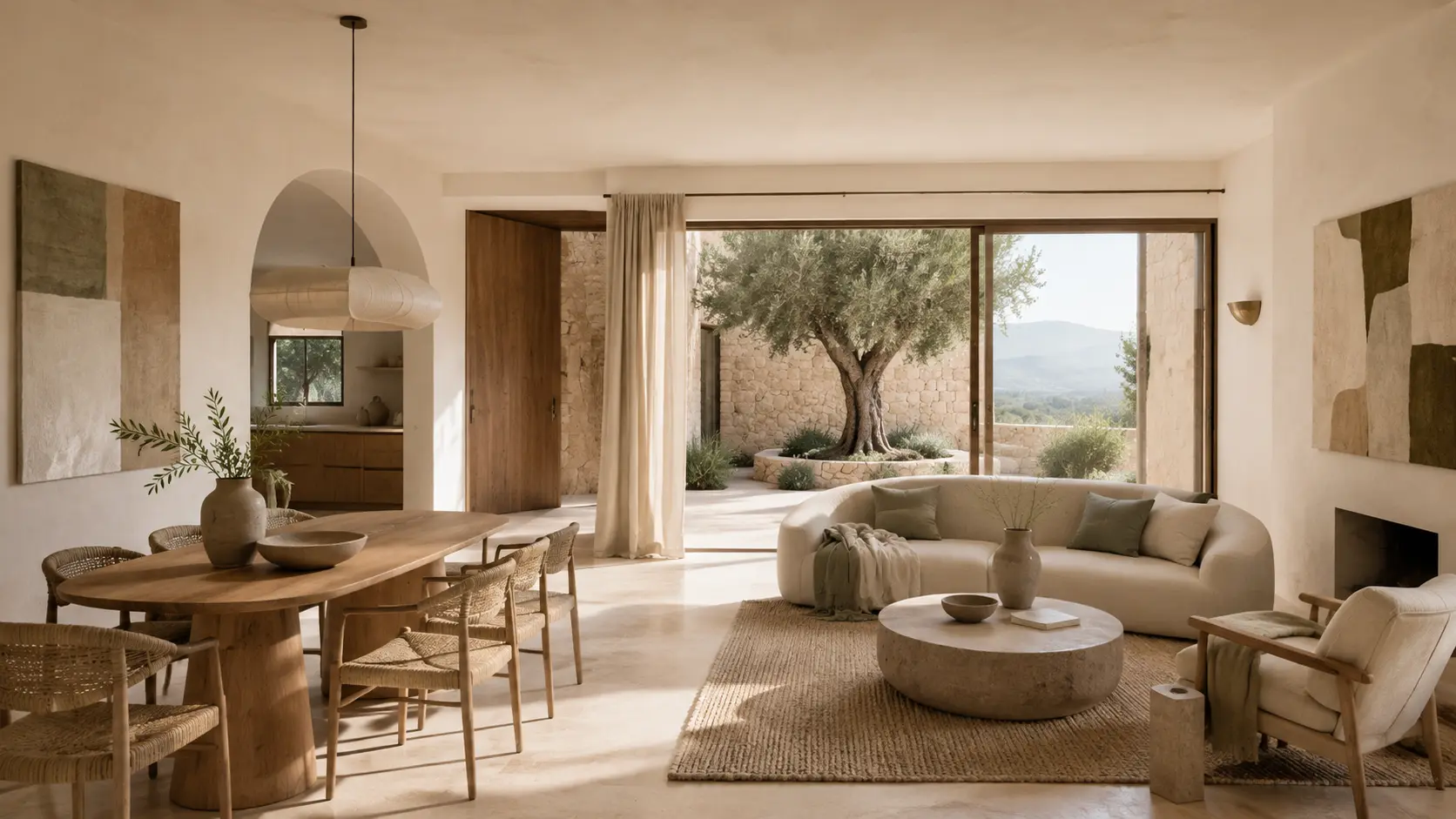 Salón y comedor mediterráneo con materiales naturales cálidos
